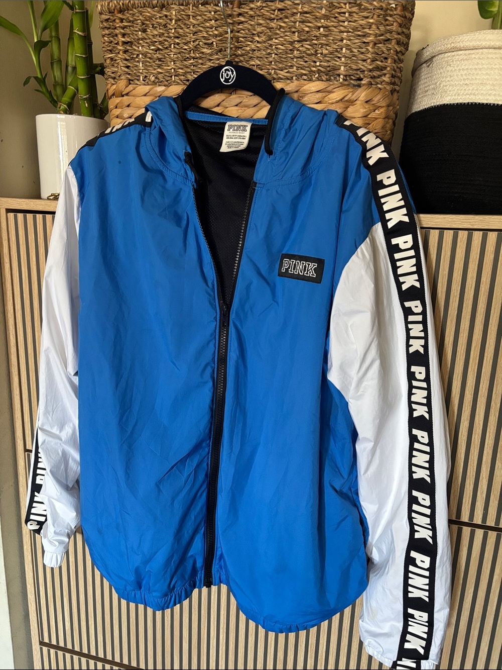 PINK Victoria's Secret Blue and White Women's Windbreaker Jacket with Logo Tape